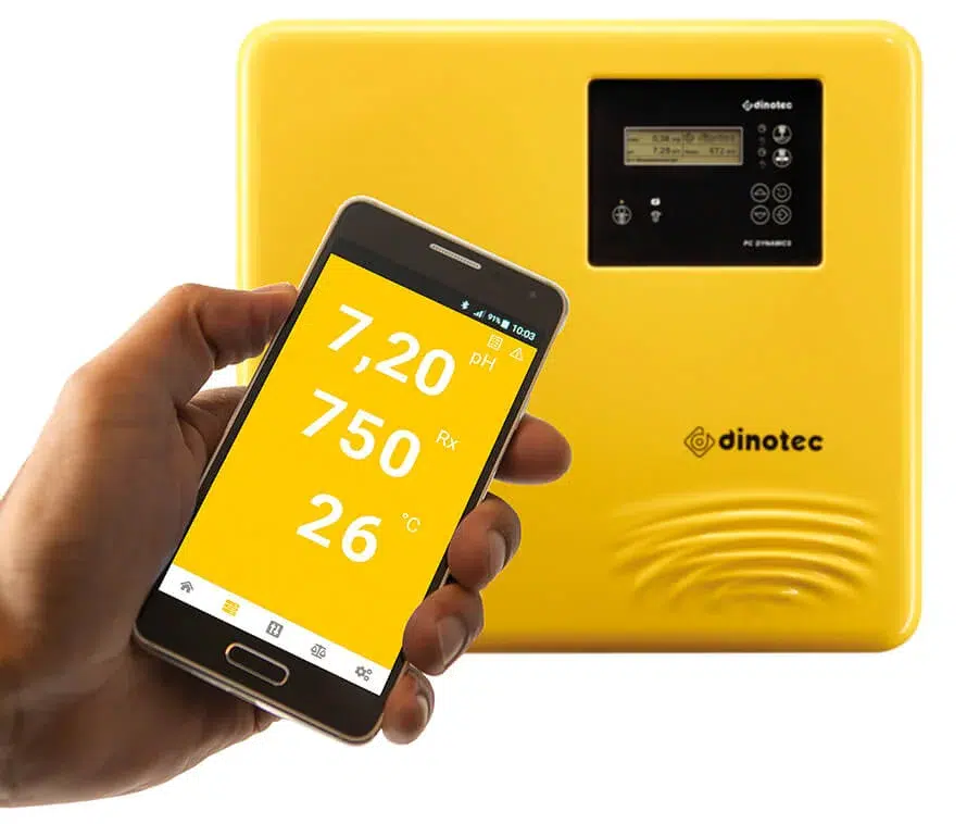 dinotec uređaj za merenje i regulaciju i mobilna aplikacija sa izmerenim vrednostima pH, redoks potencijala i temperature